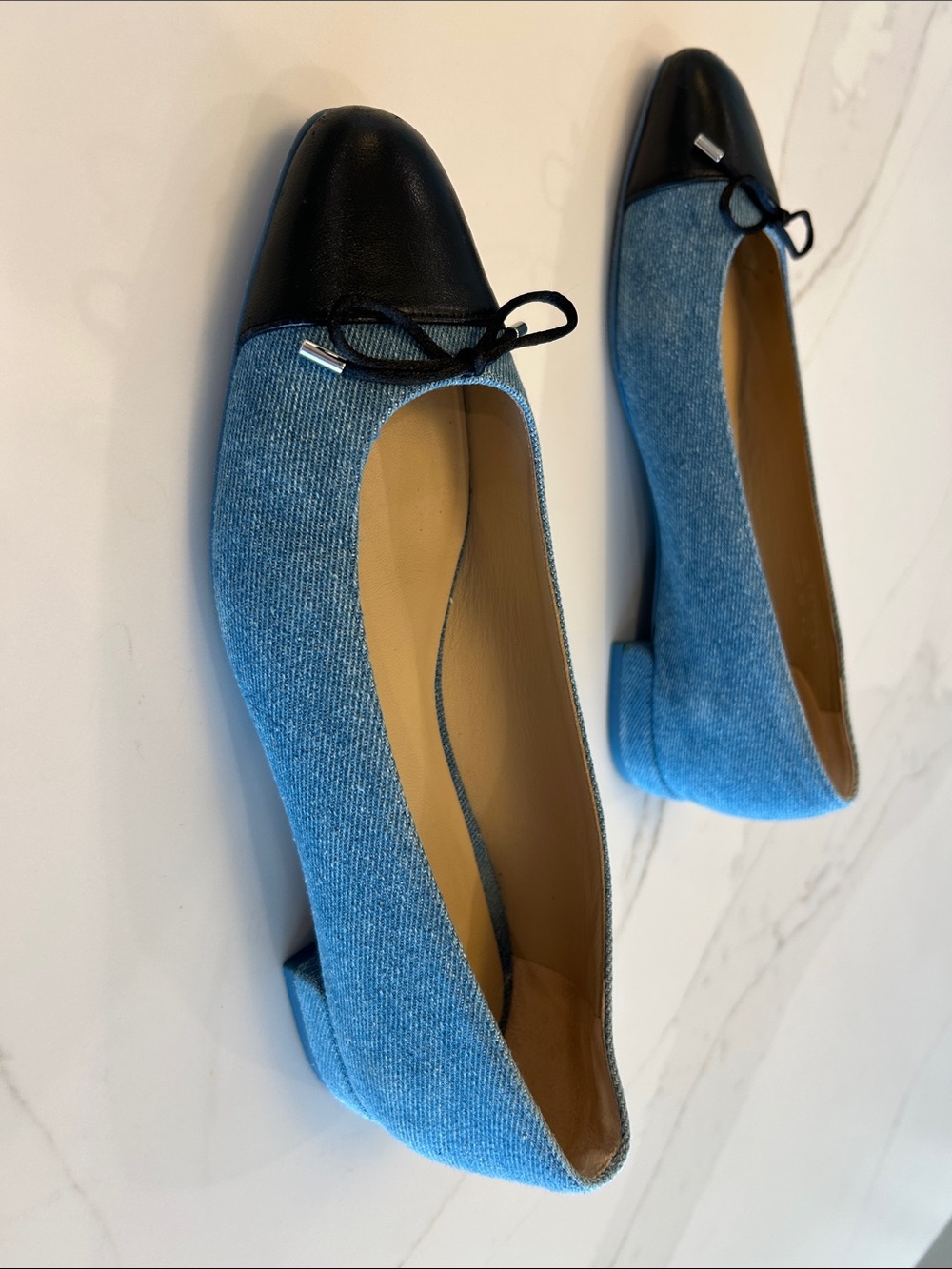 Stuart Weitzman Denim Blue Ballet Flats with Black Cap Toe - Picture 4 of 9